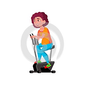 happy girl exercising on velo training apparatus in gym cartoon vector photo