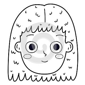 Happy girl face emotion in outline. Calm little kid clipart in black and white for coloring