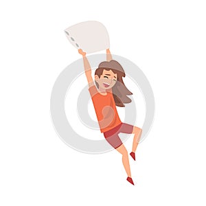 Happy Girl Fighting with Pillow, Naughty, Rowdy Kid, Bad Child Behavior Vector Illustration