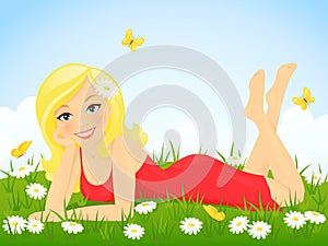 Happy girl in flower meadow