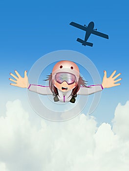Happy girl flying with parachute