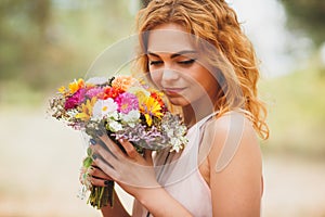 Happy girl get beautiful flowers from her boyfriend.