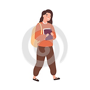 Happy girl go to school and carrying pile of books. Scene of smiling schoolgirl or cheerful student with backpack. Flat