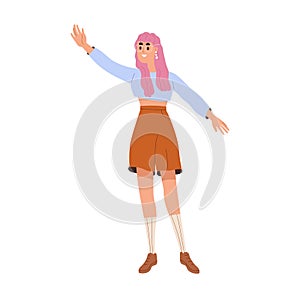 Happy girl greeting, waving with hand, gesturing hi. Young modern excited woman welcoming smb. Trendy female with