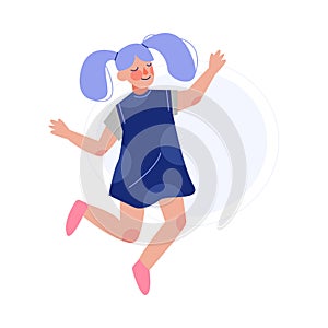 Happy Girl Happily Jumping, Smiling Child in Blue Dress Having Fun Vector Illustration