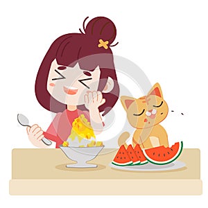 A happy girl and happy cat enjoy them meal. The girl eatting a mango shave ice. The cute cat eatting a watermelon. On the table