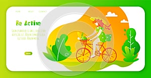 Happy girl in a hat and sundress rides a bicycle in the park. Vector web page template. Summer banner