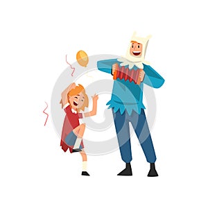 Happy Girl Having Fun with Animator at Birthday Party, Entertainer in Festive Costume Playing Accordion Vector