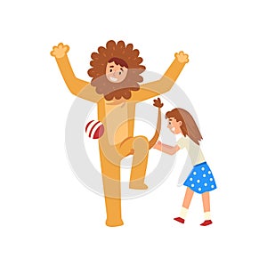 Happy Girl Having Fun with Animator in Lion Costume at Birthday Party, Entertainer in Festive Costume Performing Before