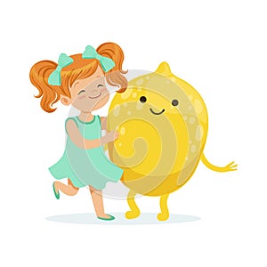 Happy girl having fun with fresh smiling lemon fruit, healthy food for kids colorful characters vector Illustration