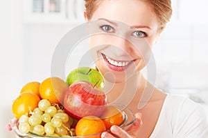 Happy girl and healthy vegetarian food, fruit