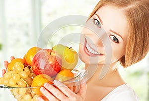 Happy girl and healthy vegetarian food, fruit