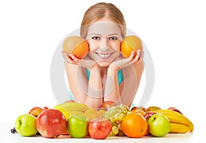 Happy girl and healthy vegetarian food, fruit Isolated on white background