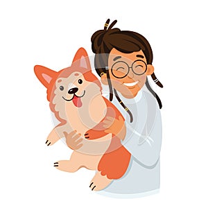 Happy girl holding dog with love, cute portrait of young woman and purebred corgi