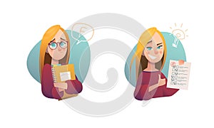 Happy girl holding her excellent report card cartoon vector Illustration photo