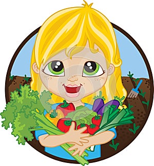 Happy girl holding home grown vegetables photo