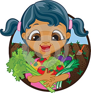 Happy girl holding home grown vegetables photo