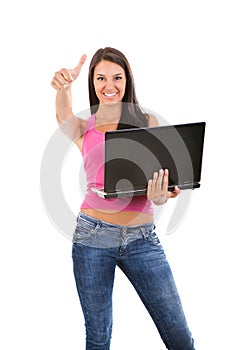 Happy girl holding laptop