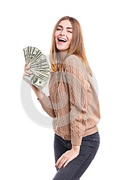 Happy girl holding money in hand on white background