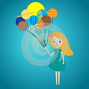 Happy girl holding planets as balloons