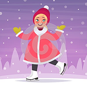 Happy girl ice skates on a skating rink in the background of a winter landscape. Vector illustration