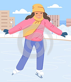 Happy girl ice skating. City rink scene