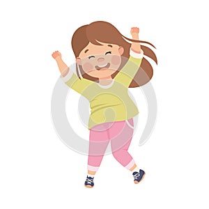 Happy Girl Jumping with Joy and Hands Up Cheering and Having Fun Vector Illustration