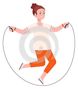 Happy girl jumping on skipping rope. Active child