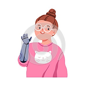 Happy girl kid with artificial limb waving hi. Cute smiling friendly child character greeting with robot arm gesture