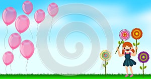 Happy girl kids and balloons in the garden concept illustrations