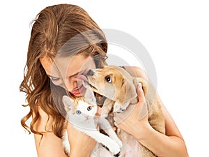 Happy Girl With Kitten and Affectionate Puppy