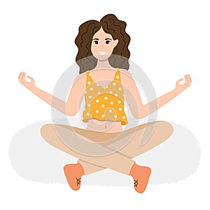 Happy girl in lotus pose practicing yoga at home. Woman meditates sitting with crossed legs. Cartoon concept of meditation,