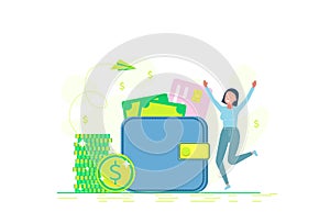 Happy girl makes money, coins, wallet. Concept of income, savings and investment