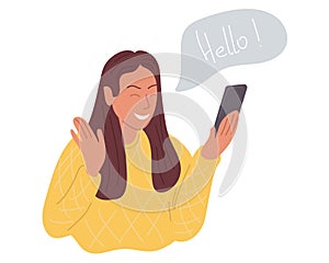 A happy girl makes a video call on the phone and greets her interlocutor. Vector illustration