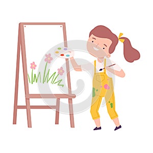 Happy Girl Painting on Canvas with Palette and Brush, Little Artist Character on Drawing on Easel with Paints Cartoon