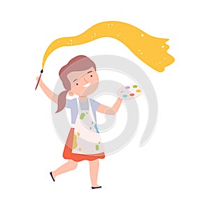 Happy Girl Painting with Palette and Brush, Little Artist Character Drawing with Yellow Paint Cartoon Style Vector