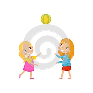 Happy girl playing with a ball, kids on a playground vector Illustration on a white background