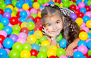 Happy girl playing in ball pit on birthday party in kids amusement park and indoor play center. Child playing with