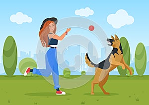Happy girl playing with dog pet, young woman and shepherd doggy friend jump and play ball