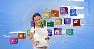 Happy girl with A plus grade showing papers by apps icons