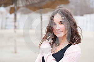 Happy girl portrait, Portrait of beautiful positive happy sensitive young girl or woman posing outdoors in casual clothes with smi