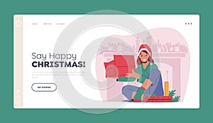 Happy Girl Prepare Presents for Family Landing Page Template. Female Characters in Santa Hat Wrapping Boxes with Paper