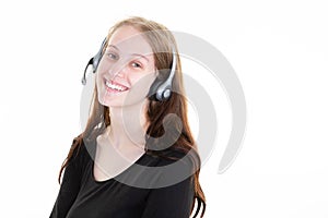 Happy girl pretty call center consultant woman young blonde with head set phone headset in white background