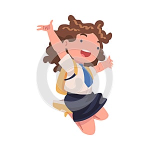 Happy Girl Pupil in Uniform with Tie and Backpack Jumping with Joy Excited About Back to School Vector Illustration