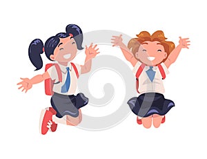 Happy Girl Pupil in Uniform with Tie and Backpack Jumping with Joy Excited About Back to School Vector Set