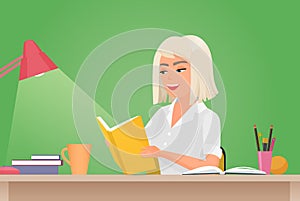 Happy girl reading book, young woman student sitting at desk to read literary work, story