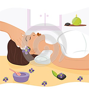 Happy girl recieving a facial massage Spa concept Vector