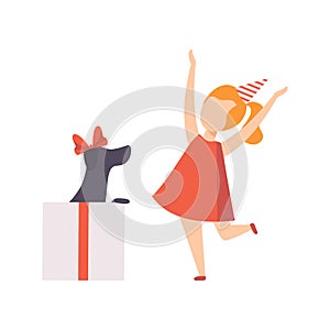 Happy girl rejoicing a puppy who sitting inside a gift box, kid celebrating her Birthday vector Illustration on a white