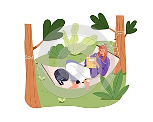 Happy girl relaxing in hammock in nature. Young woman reading book, lying with cat outdoors on summer holiday. Cozy calm