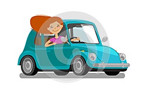 Happy girl rides car. Driving, trip, travel concept. Cartoon vector illustration